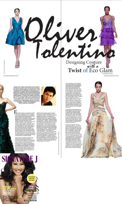 Magazine article of a designer and models in various gowns and dresses