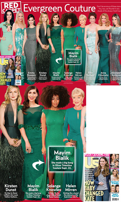 Magazine page of women in different green gowns