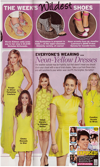 Magazine page with women in different yellow dresses