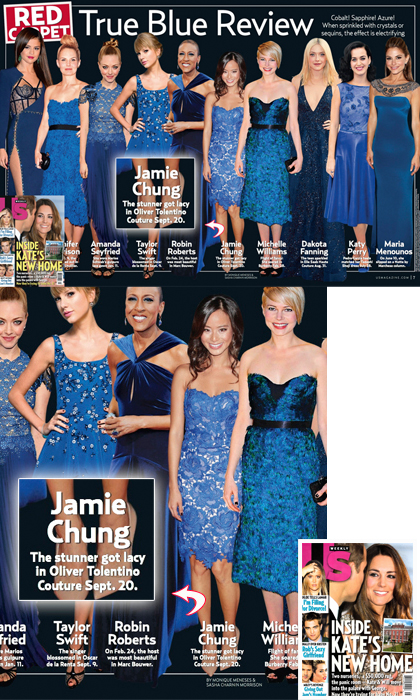 Magazine page of women wearing blue gowns and dresses