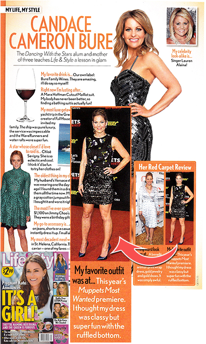 Magazine page with a woman in a black dress