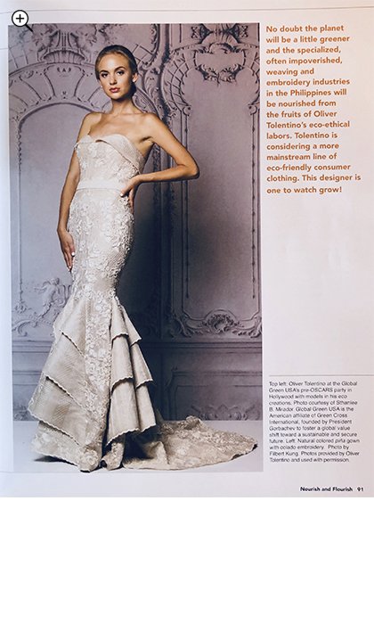 Magazine page with a woman in a beige gown