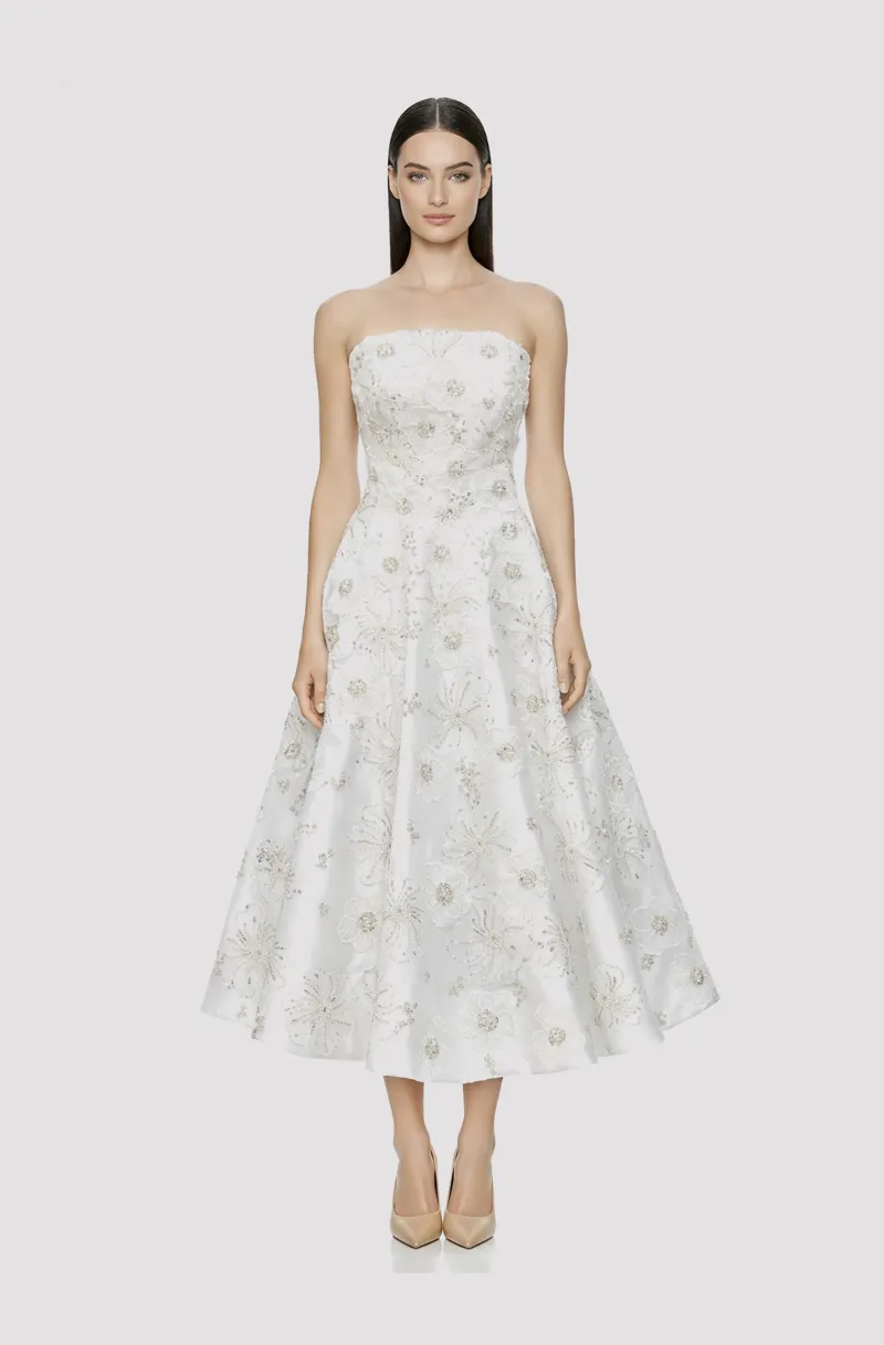 Front view of a woman in a White mikado tube midi–dress with hand-beaded 3D flowers 13, image 1