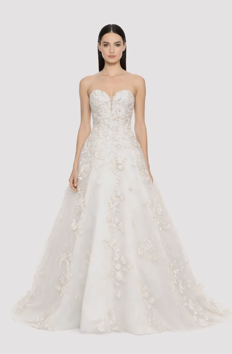 Front view of a woman in an Off-white tulle sweetheart neckline ball gown with cascading lace applique 15, image 1
