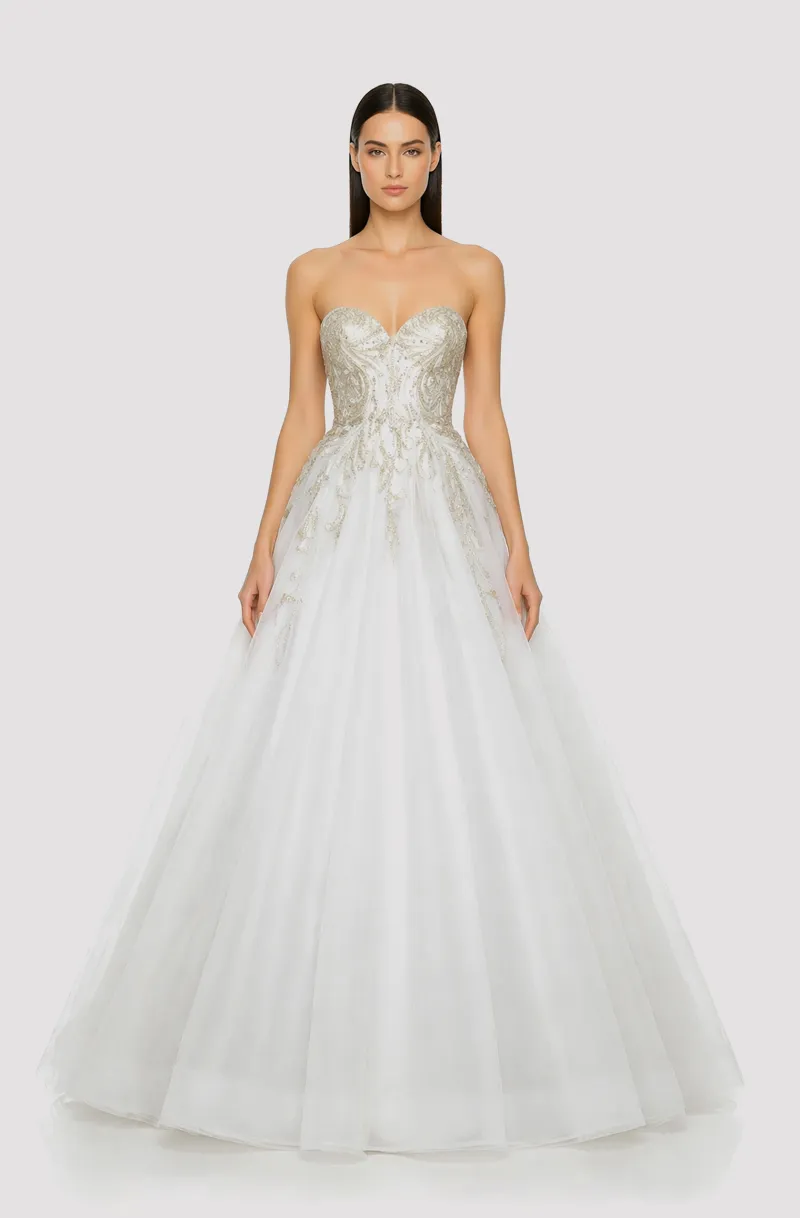Front view of a woman in an Off-white tulle sweetheart neckline ball gown with cascading hand-beaded embellishment 16, image 1