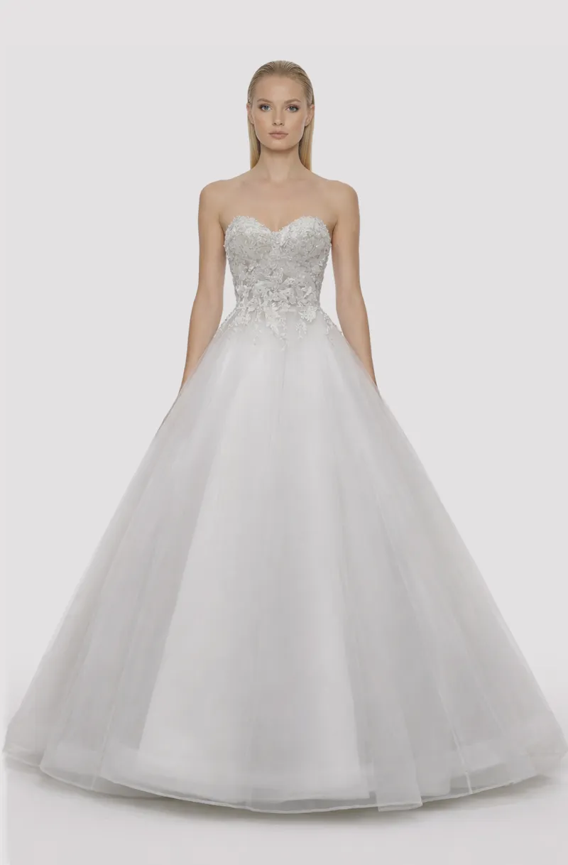 Front view of a woman in an Off-white tulle sweetheart corset with lace applique 17, image 1