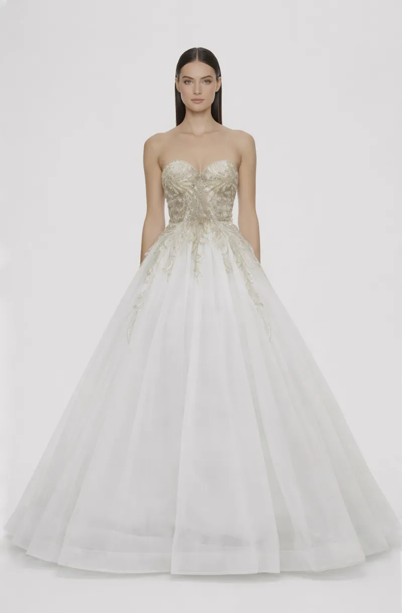 Front view of a woman in an Off-white tulle ball gown with cascading hand-beaded bodice 18, image 1