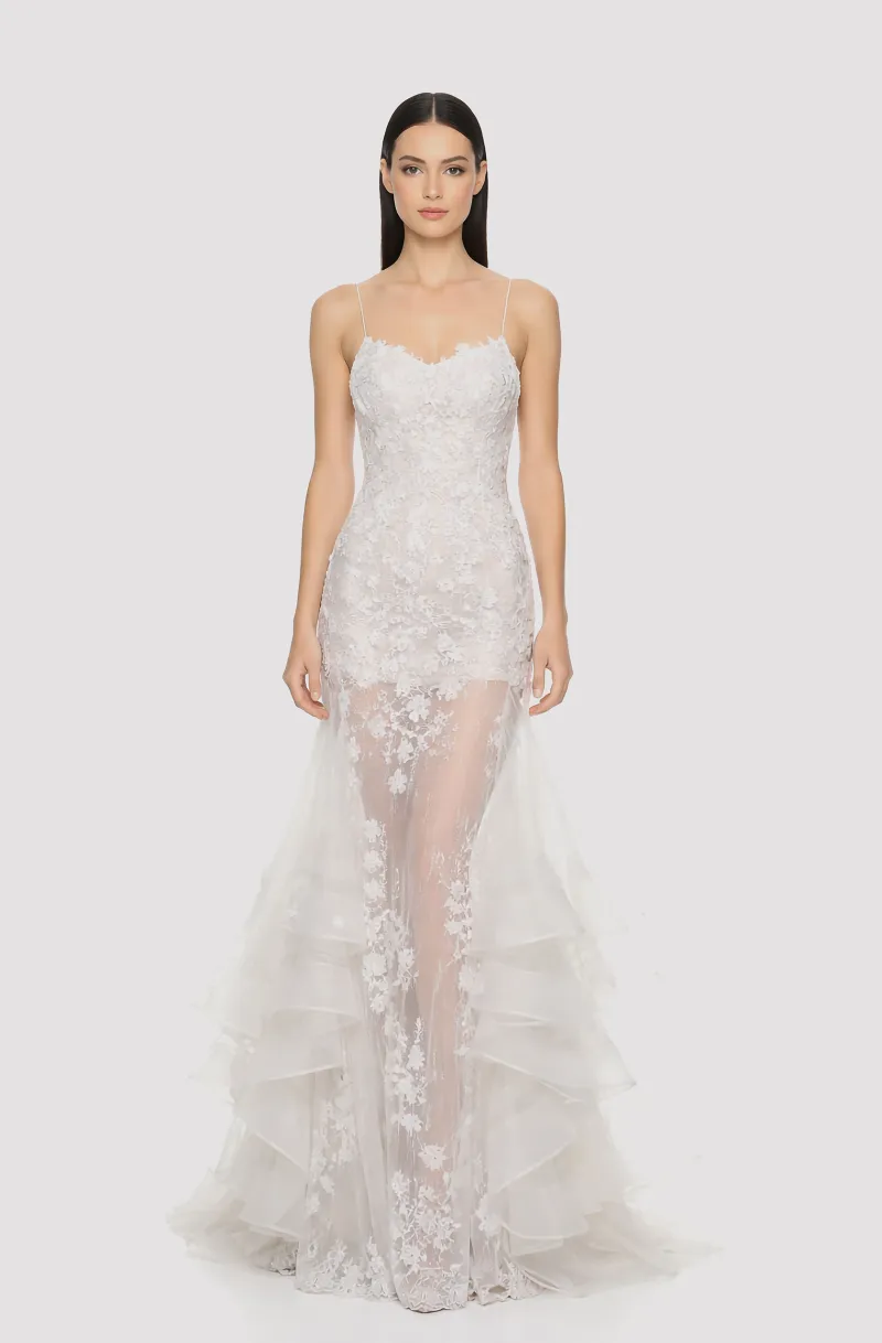 Front view of a woman in an Off-white tulle ruffled mermaid gown embellished with lace applique and 3D flowers 3, image 1