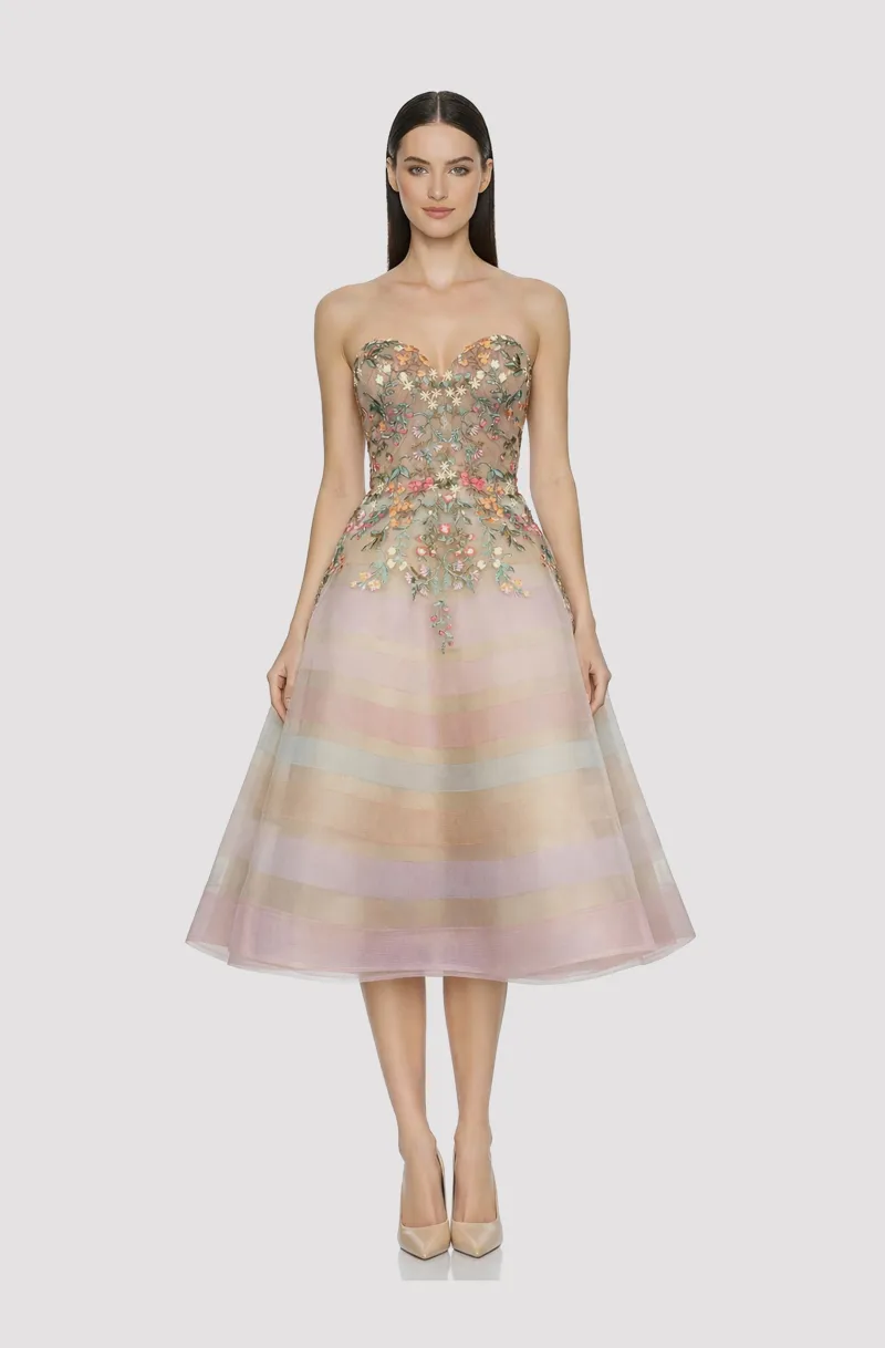 Front view of a woman in a Champagne tulle corset pastel floral appliqué and a layered pastel colored horsehair ball skirt 12, image 1