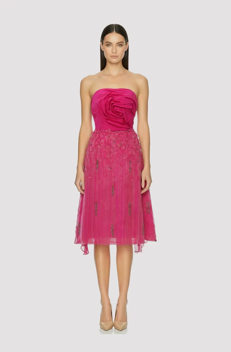 Front view of a woman in a Fuchsia hand-draped Thai silk corset cocktail dress with piña skirt embellished with petal cut-outs 15, image 1