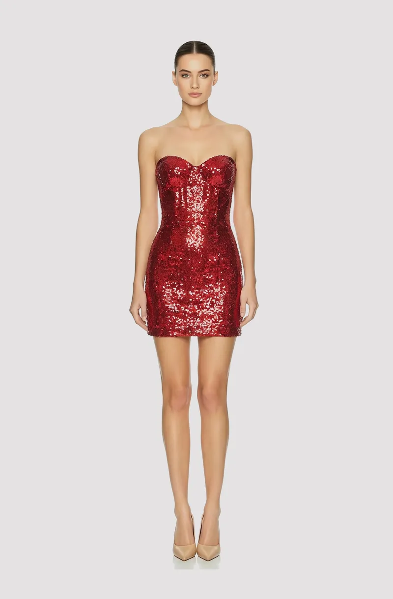 Front view of a woman in a Red sequined strapless corseted micro mini dress 17, image 1