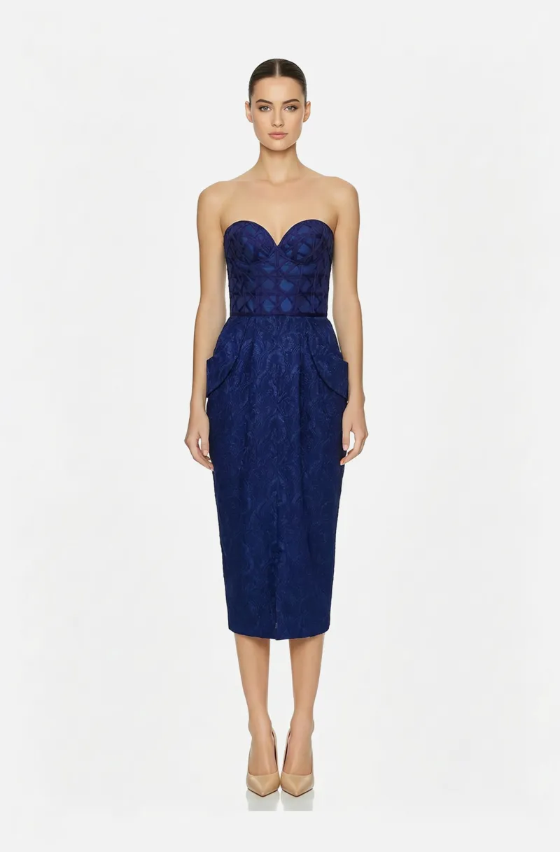 Front view of a woman in a Royal blue sheath brocade dress with Thai silk corset 24, image 1
