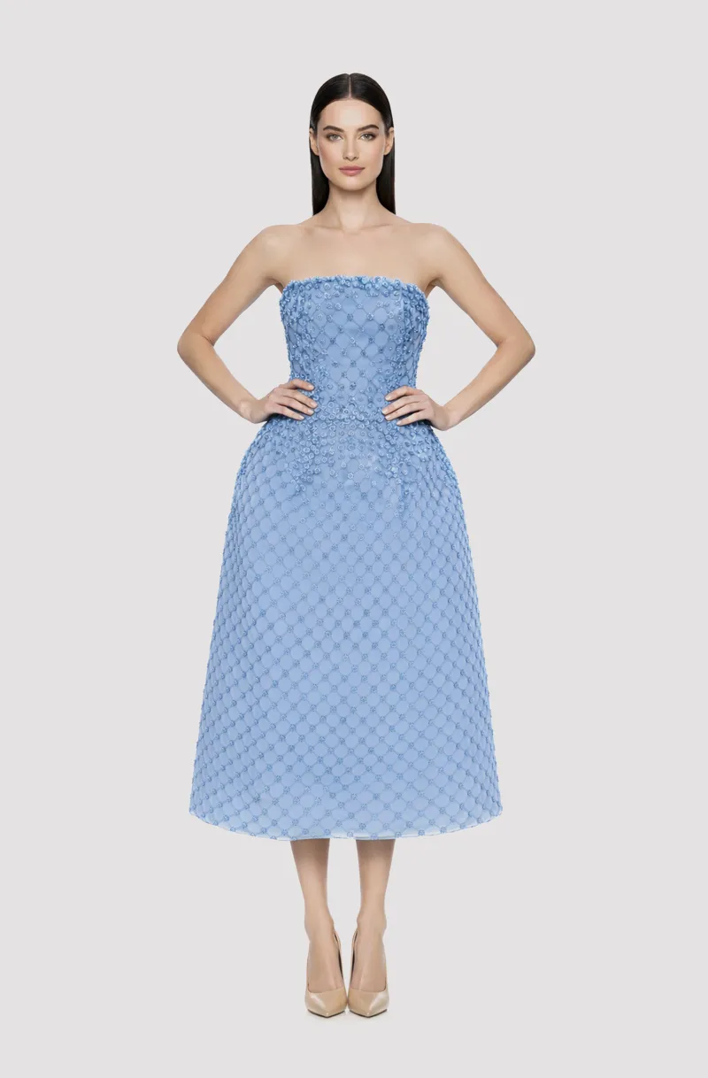 Front view of a woman in a Powder blue beaded tulle structured midi dress 28, image 1