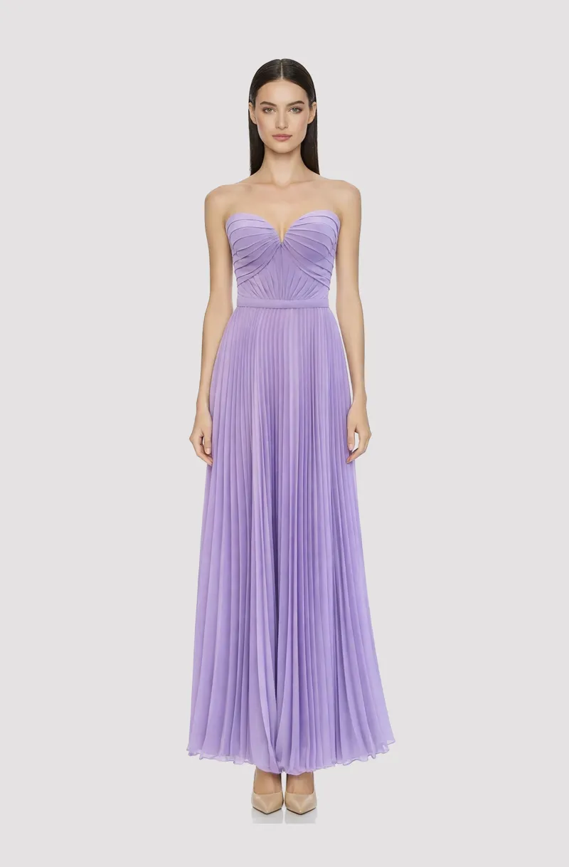 Front view of a woman in a Lavender georgette draped midi dress electric-pleated skirt 29, image 1