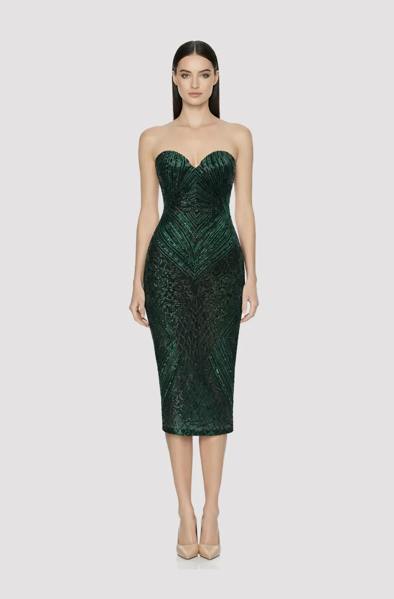Front view of a woman in an Emerald green fully beaded art deco style midi dress 3, image 1