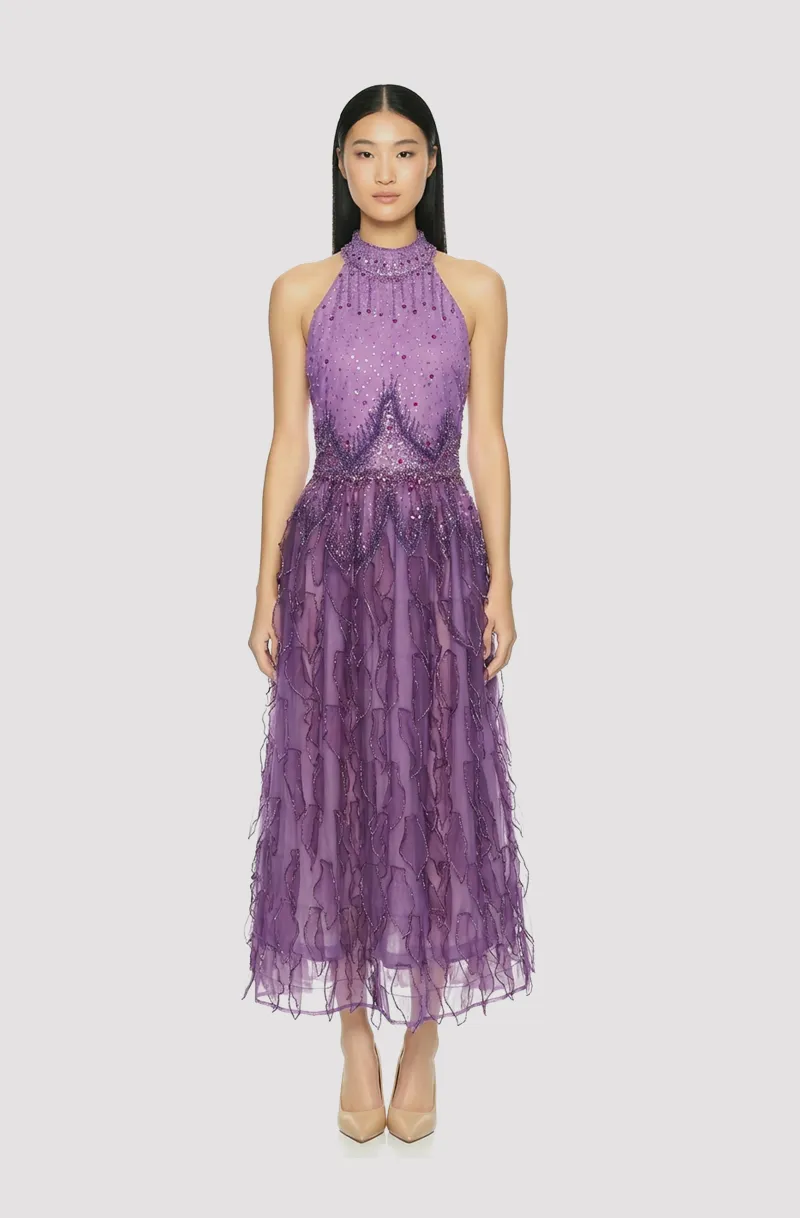 Front view of a woman in a Purple halter top, hand-beaded chiffon dress with hand-beaded cut-out petals appliqué skirt 30, image 1
