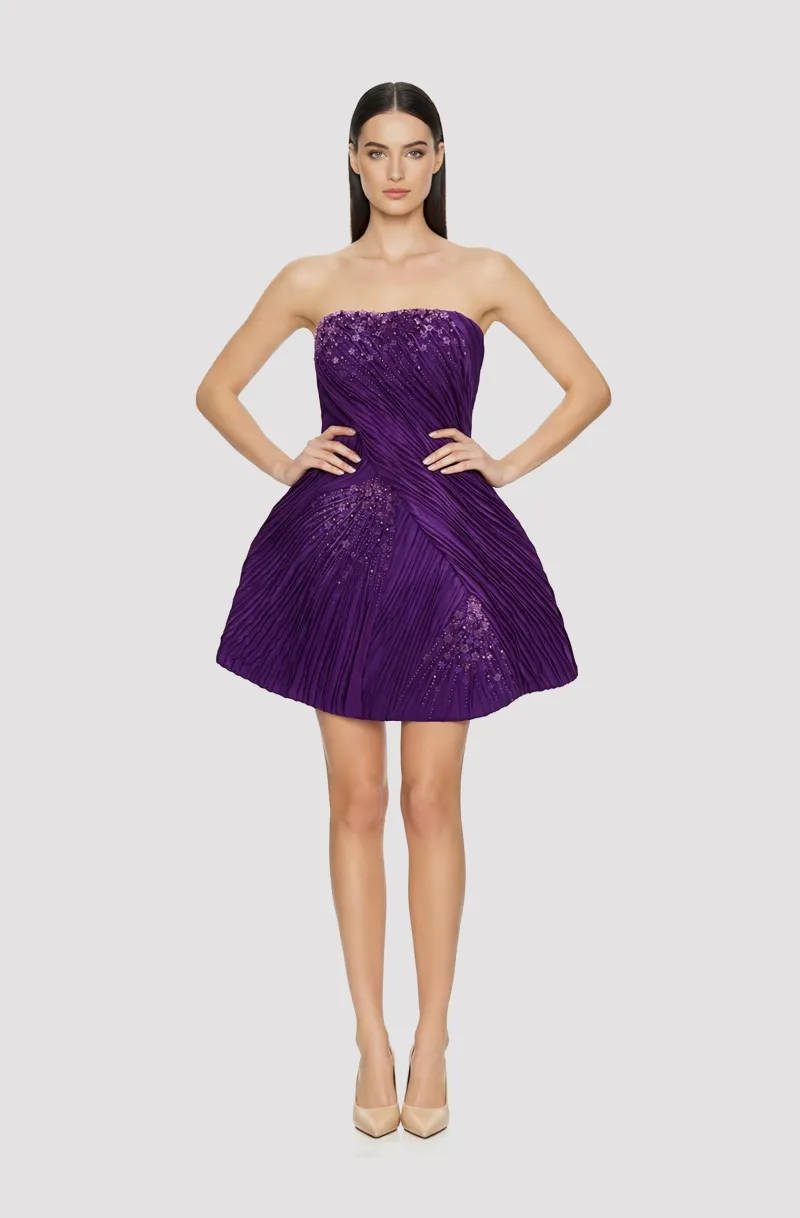 Front view of a woman in a Purple hand-draped structure mini dress with hand-beaded embellishments 32, image 1