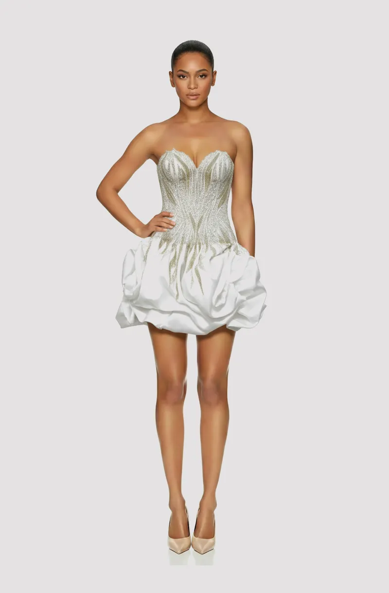 Front view of a woman in a White mikado hand-beaded corset mini 35, image 1