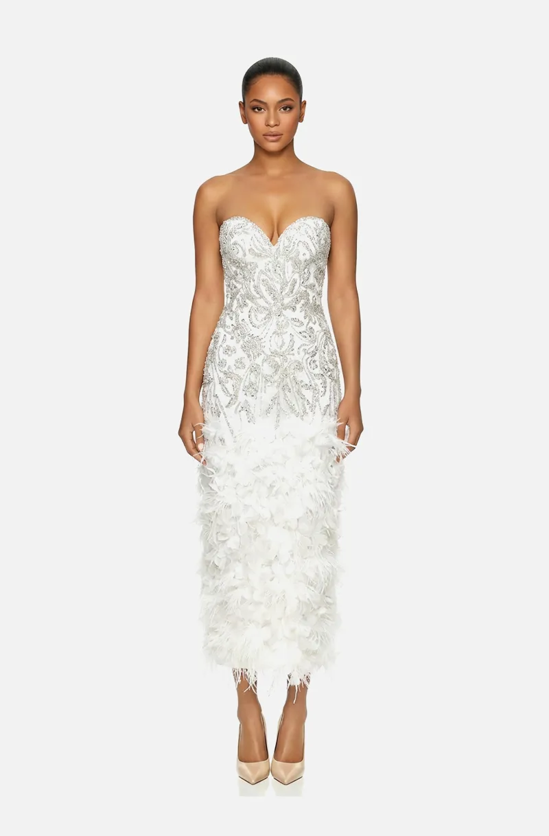 Front view of a woman in a White corseted sheath couture midi dress with beaded bodice and embellished with 3D floral appliqués and ostrich feathers on sheer skirt 36, image 1