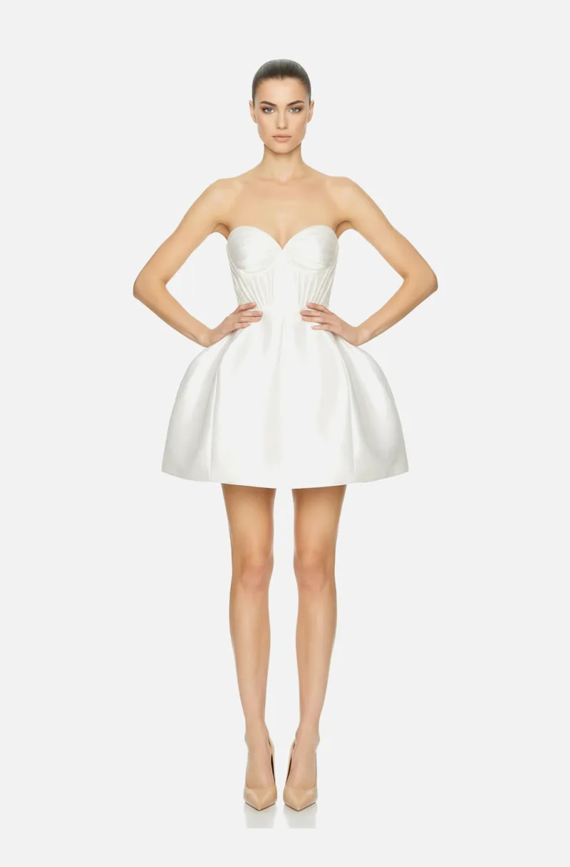 Front view of a woman in a White mikado dress with a hand-draped corseted top and structured micro mini skirt 37, image 1