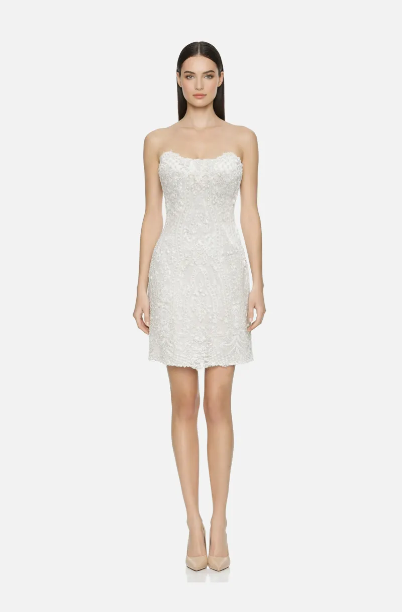 Front view of a woman in a White fully beaded mini cocktail dress with balconette neckline 38, image 1