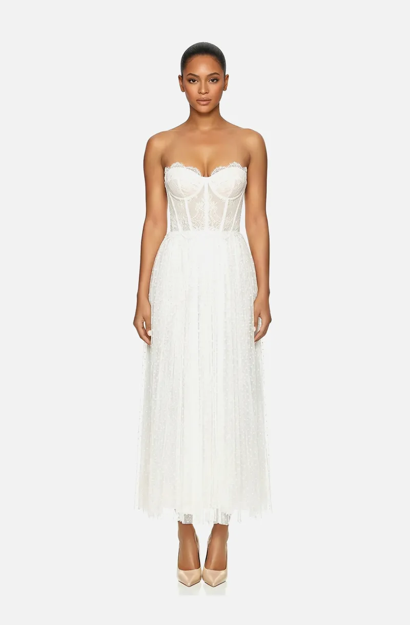 Front view of a woman in an Off-white midi dress with corseted French lace top and dotted Swiss organza electric-pleated skirt 39, image 1