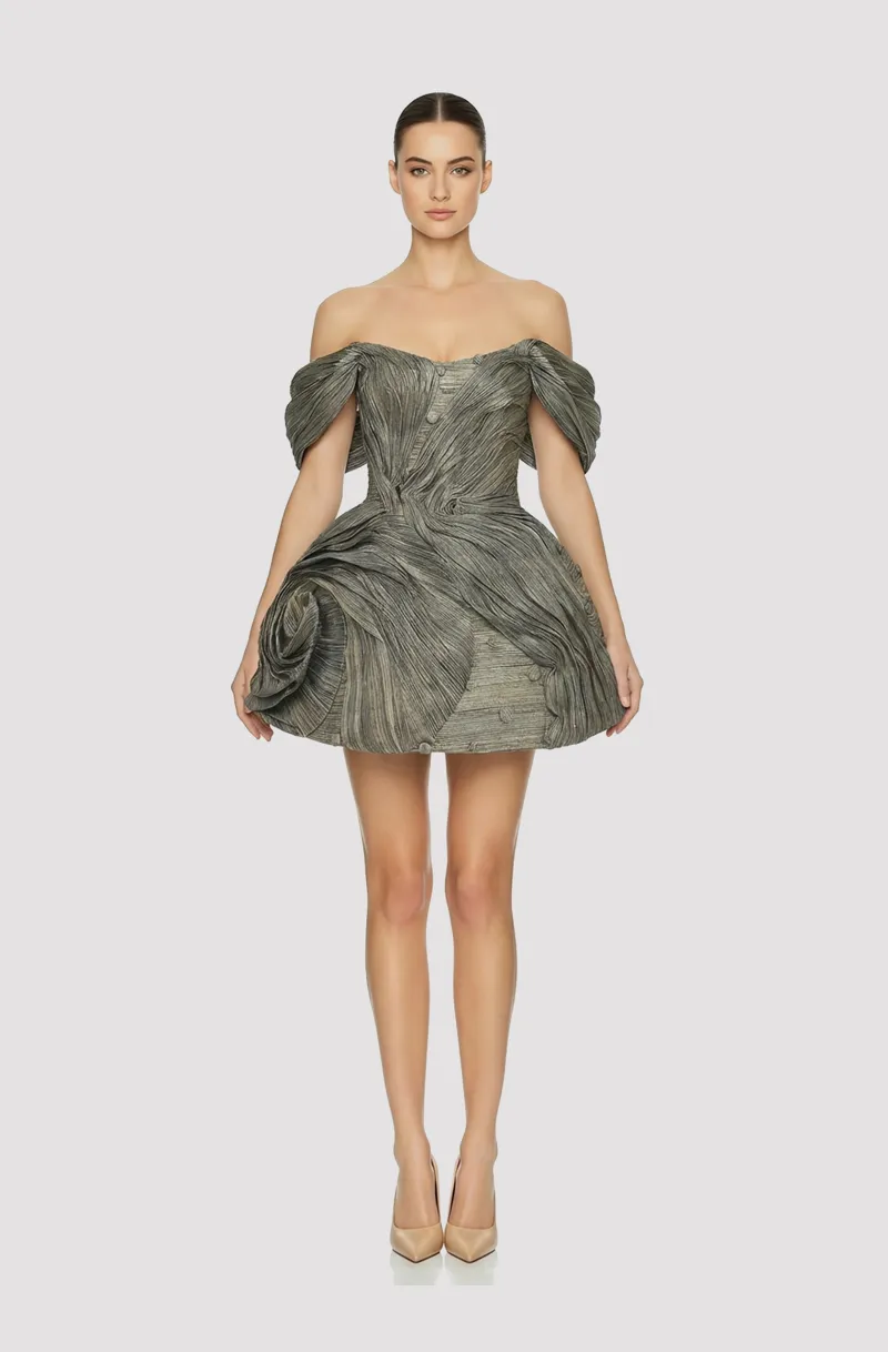 Front view of a woman in a Gray & black ECO piña & abaca plant woven fabric couture draped structured dress 43, image 1
