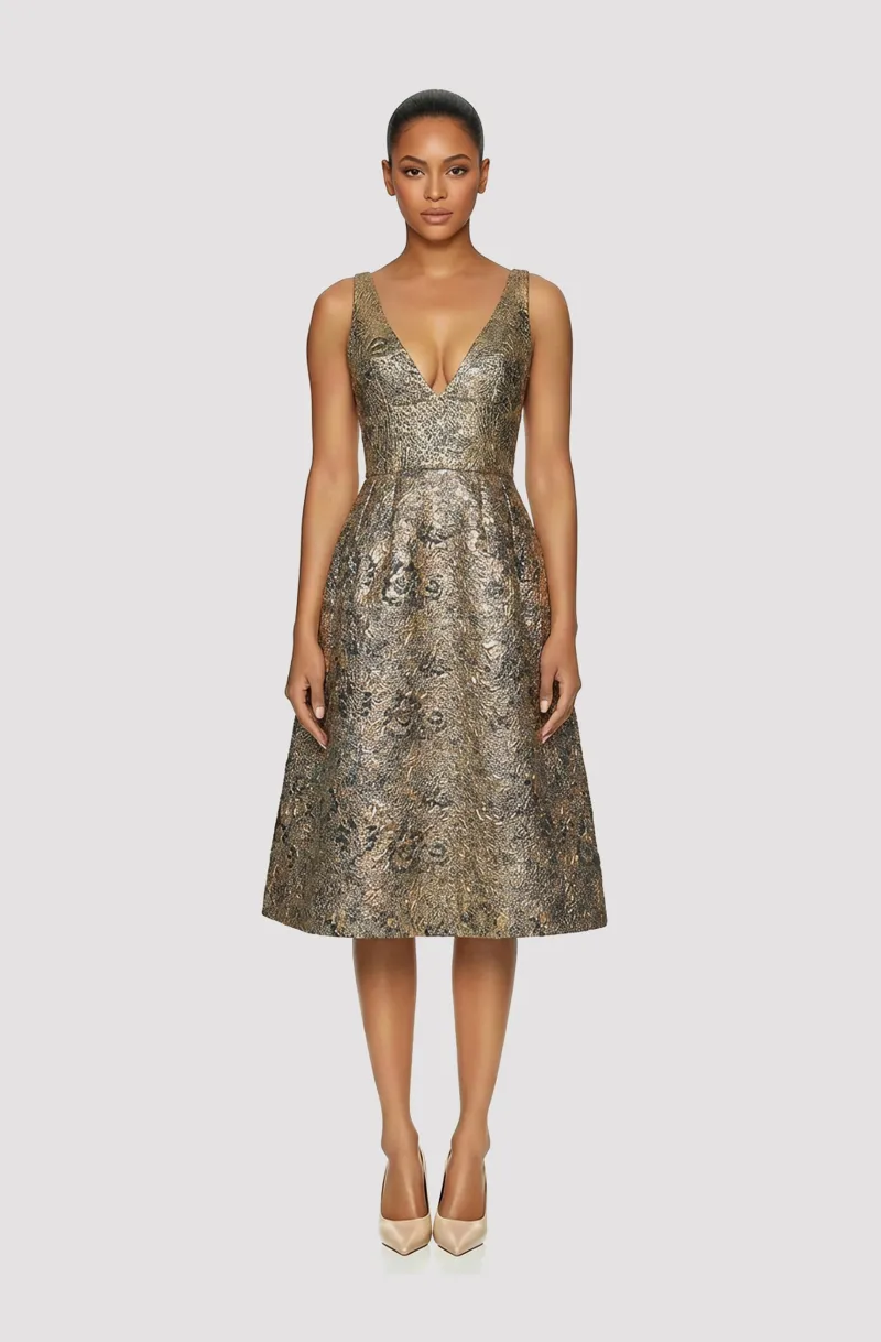 Front view of a woman in a Metallic gold floral brocade sleeveless dress with plunging neckline 45, image 1
