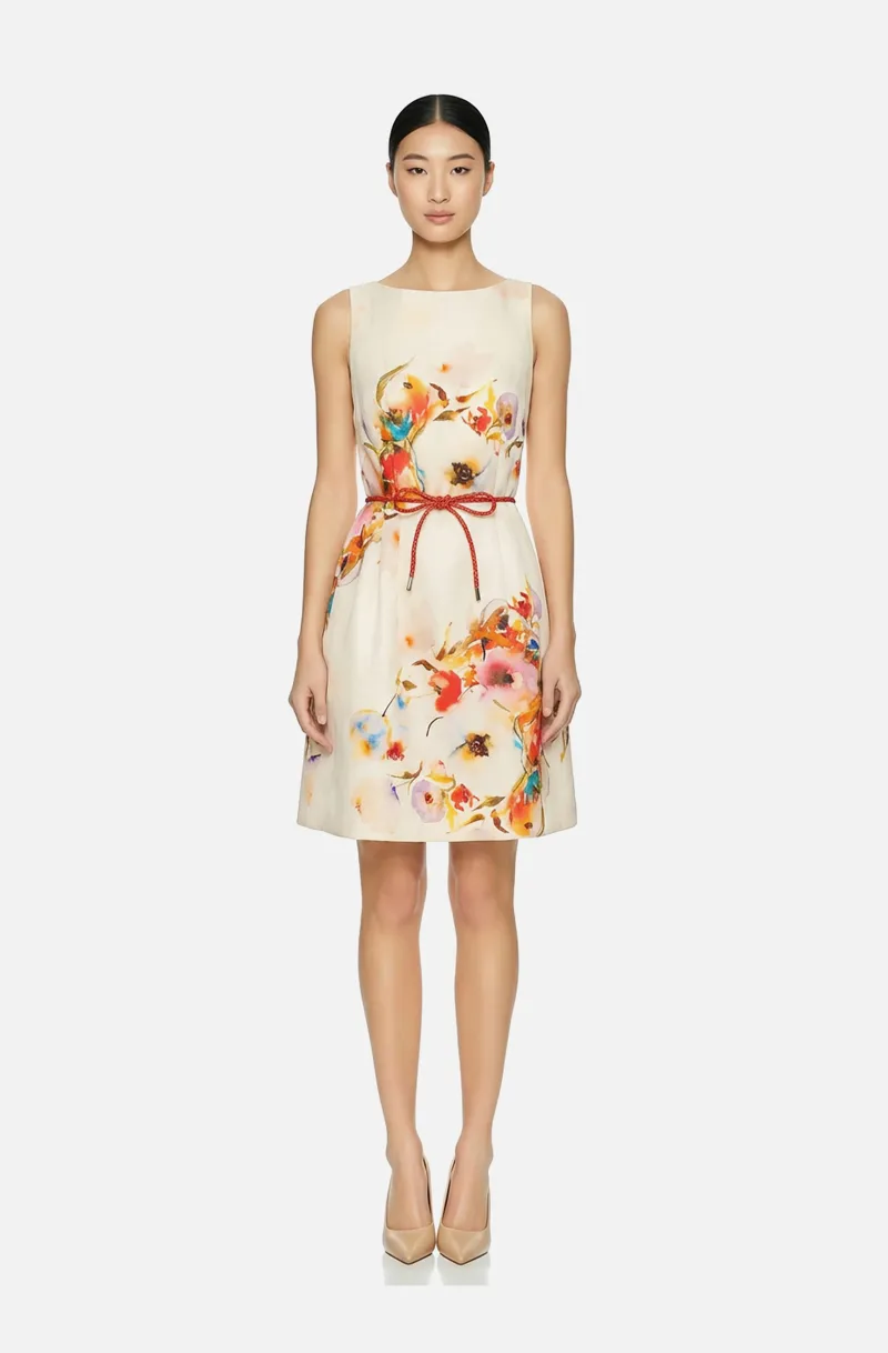 Front view of a woman in a Ivory floral cocktail dress with Sabrina neckline 47, image 1
