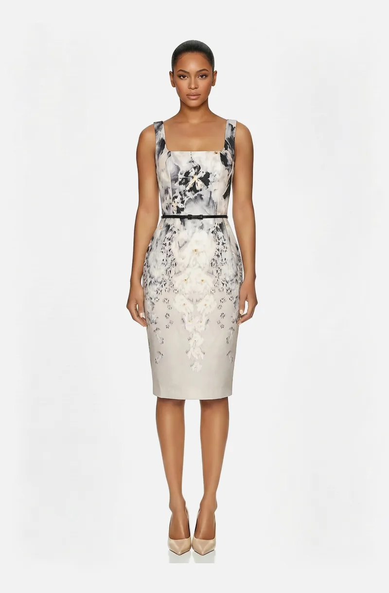 Front view of a woman in an Ivory floral printed silk organza sleeveless sheath dress 49, image 1