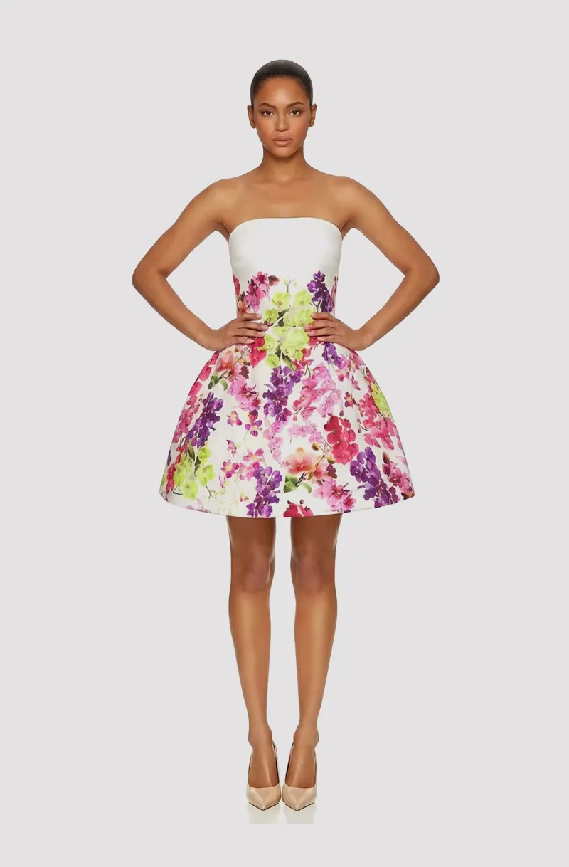 Front view of a woman in a White custom print Mikado mini dress 51, image 1