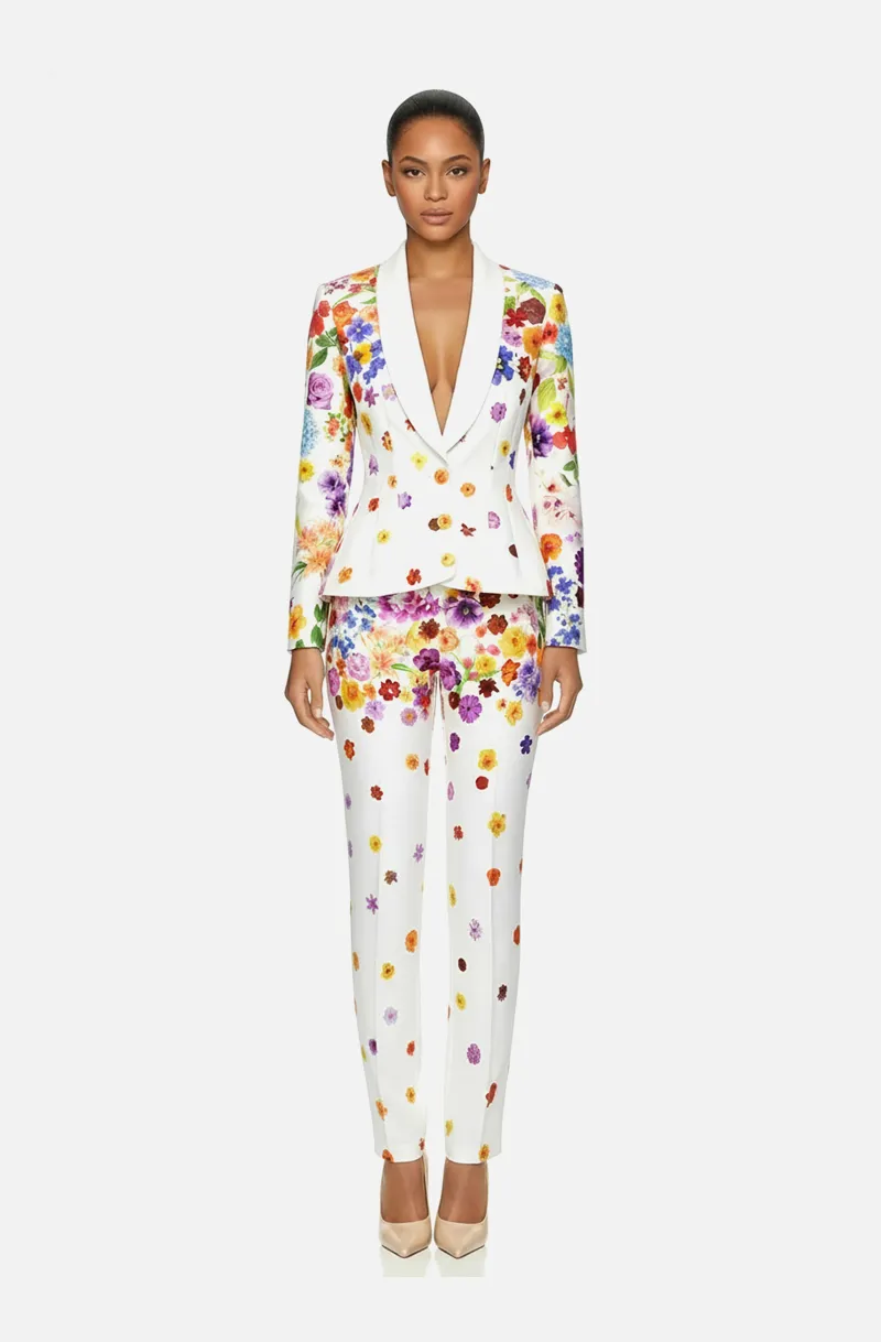 Front view of a woman in a White couture mikado suit created from custom floral print 53, image 1