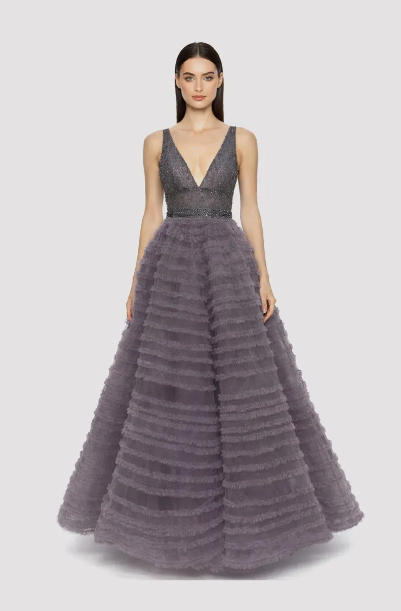 Front view of a woman in a Charcoal sequin, deep v-neck structured mini dress with ruffled tulle ball skirt 58, image 1