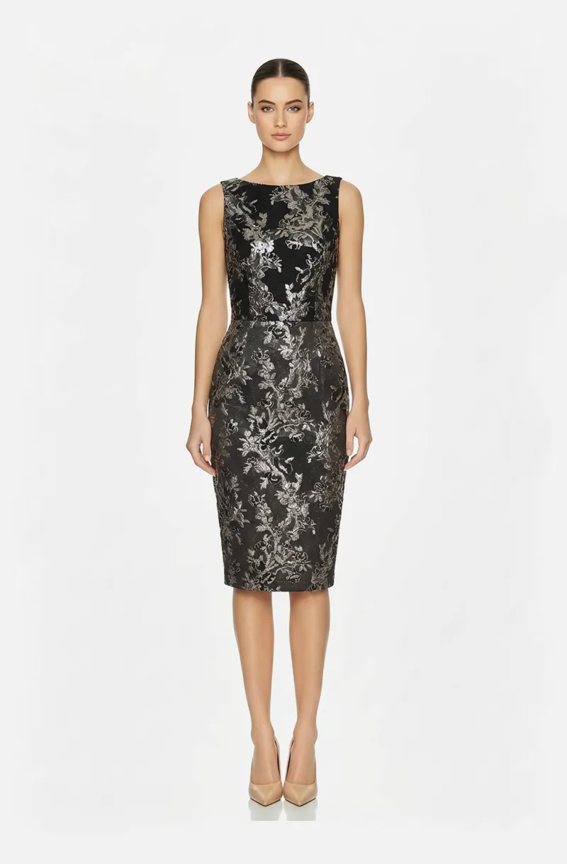 Front view of a woman in a Black and silver boat neckline brocade sheath dress 59, image 1