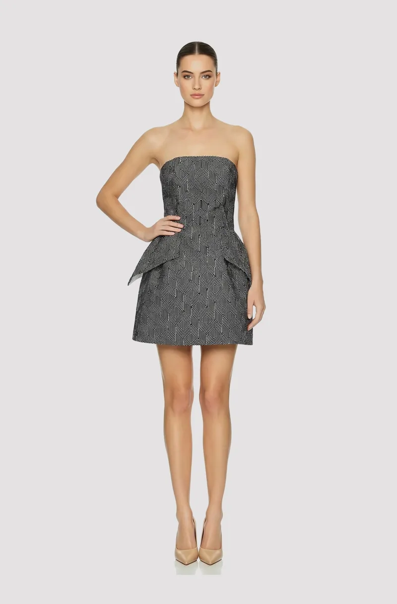 Front view of a woman in a Black custom print couture micro mini dress with peplum 60, image 1