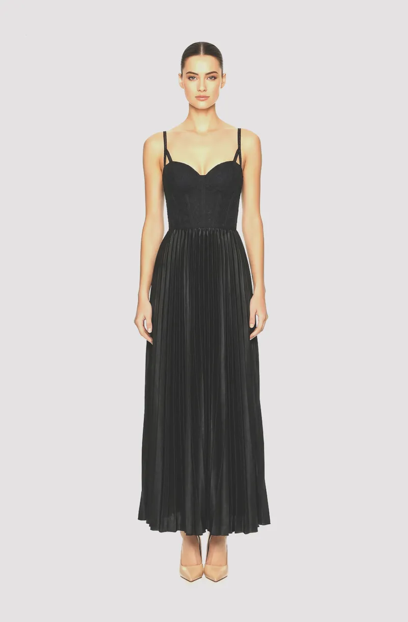 Front view of a woman in a Black satin electric-pleated midi cocktail dress with beaded straps and French lace corseted top 64, image 1