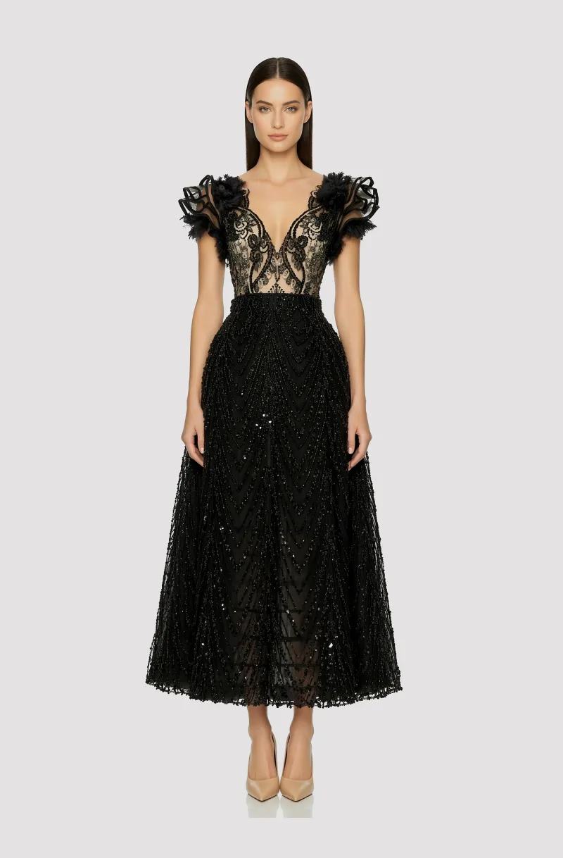 Front view of a woman in a Black couture fully hand-beaded bodice with ruffled sleeves and structured skirt 66, image 1