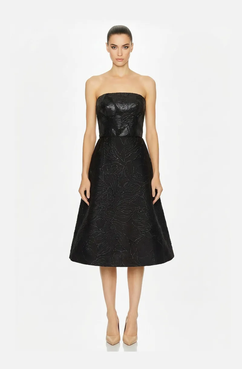 Front view of a woman in a Black brocade cocktail dress 69, image 1