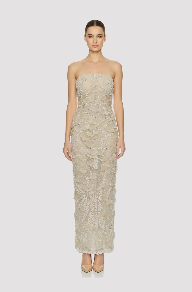 Front view of a woman in an Off-white eco piña hand-beaded midi dress with hand-made 3D floral appliqué 7, image 1