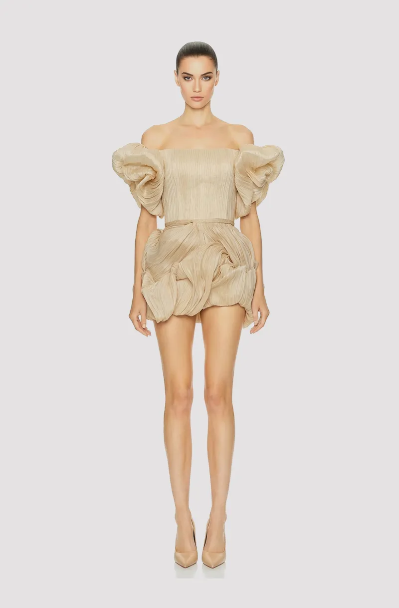 Front view of a woman in an Ivory ECO piña & abaca woven fabric couture micro mini cocktail dress with draped skirt and sleeves 8, image 1