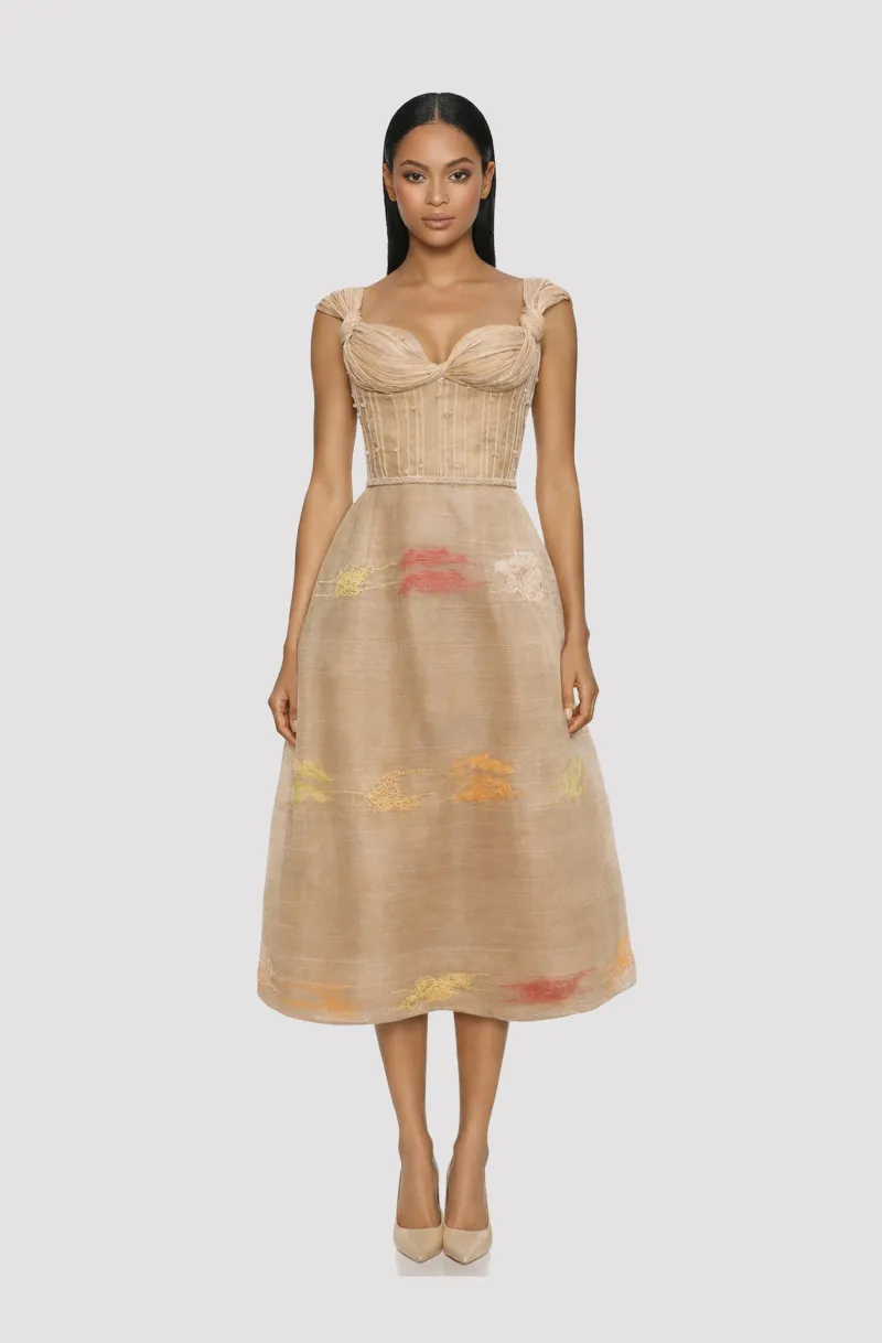 Front view of a woman in a Natural color piña draped corset with colored silk woven inserts 9, image 1