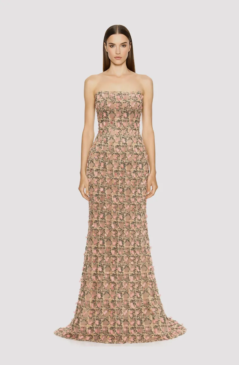 Front view of a woman in a Champagne tulle mermaid gown with pink & green lace 10, image 1