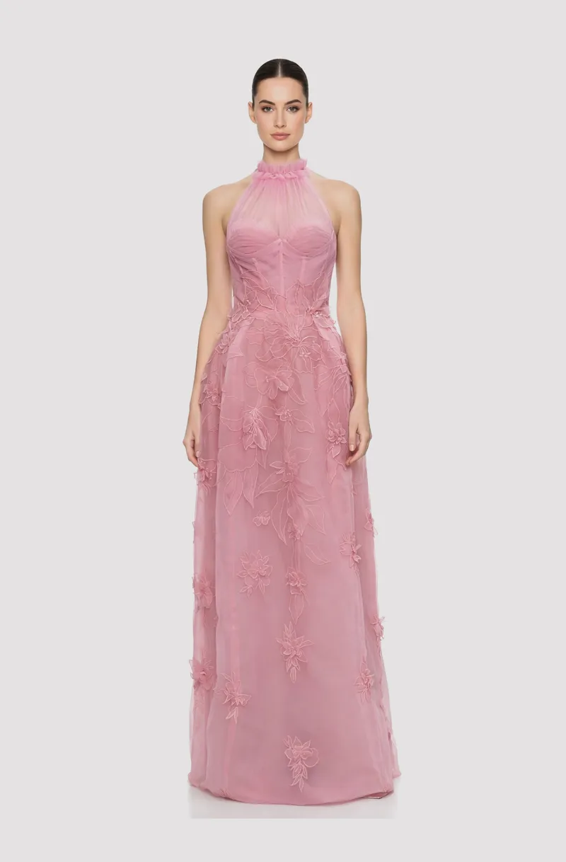 Front view of a woman in a Pink tulle & organza halter top dress with structured skirt and hand-embroidered 3D flowers 14, image 1