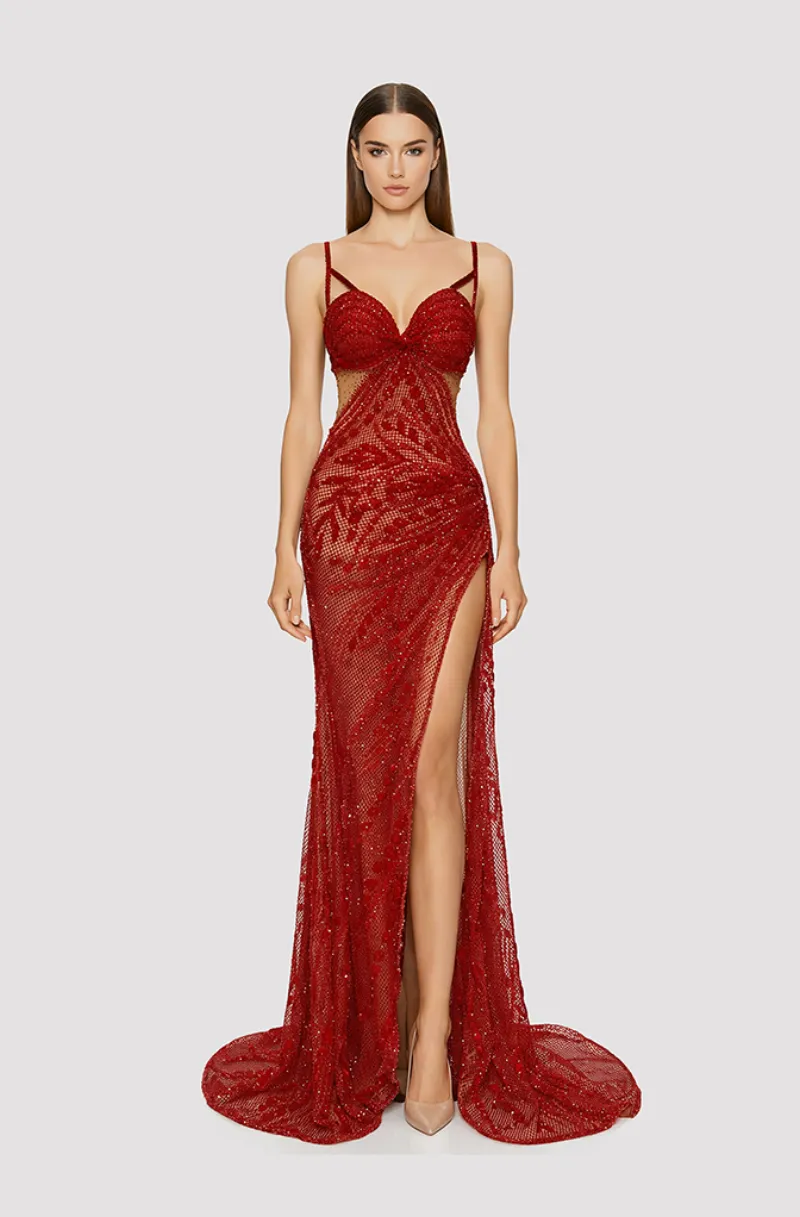 Front view of a woman in a Red fully hand-beaded see-through tulle mermaid gown with high side slit 17, image 1