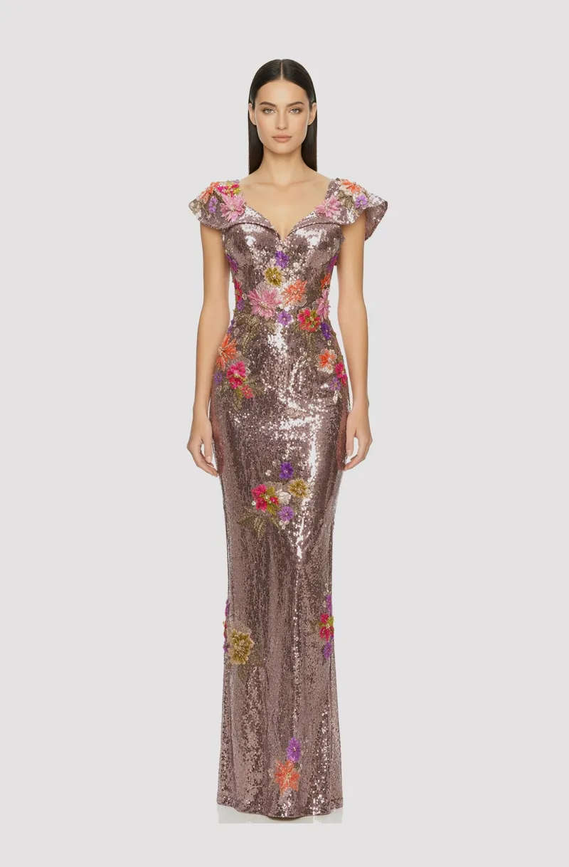 Front view of a woman in an Off-shoulder metallic silver fully-sequined column gown with hand-sewn floral appliqué 23, image 1