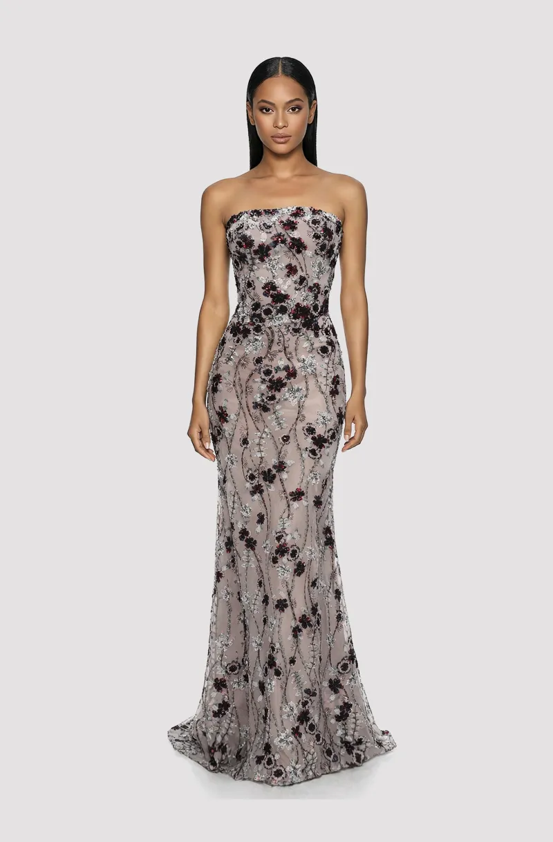 Front view of a woman in a Light silver & magenta beaded floral tulle gown 24, image 1