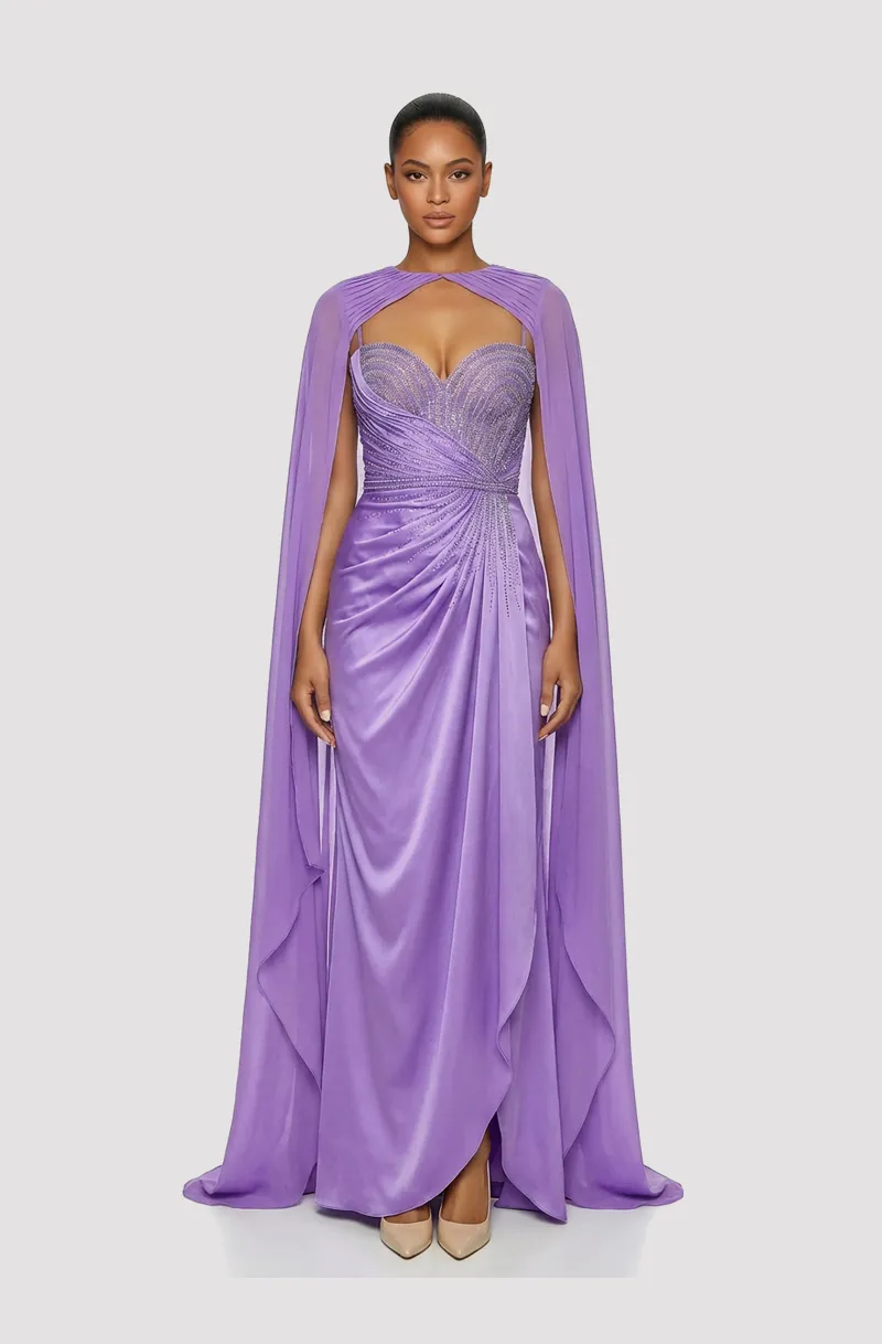 Front view of a woman in a Hand-draped purple silk gown with a hand-beaded bodice and detachable cape 25, image 1