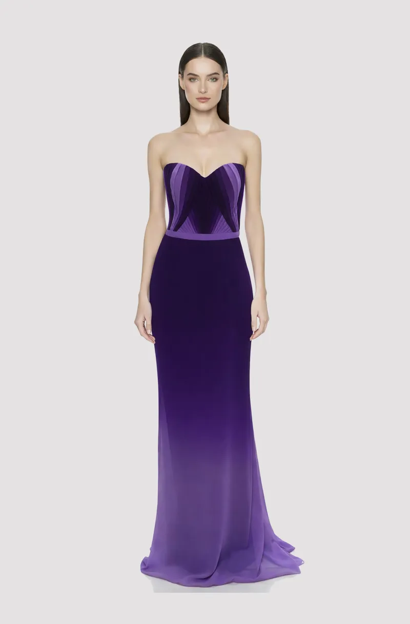 Front view of a woman in a Purple ombre hand-draped georgette column gown 26, image 1