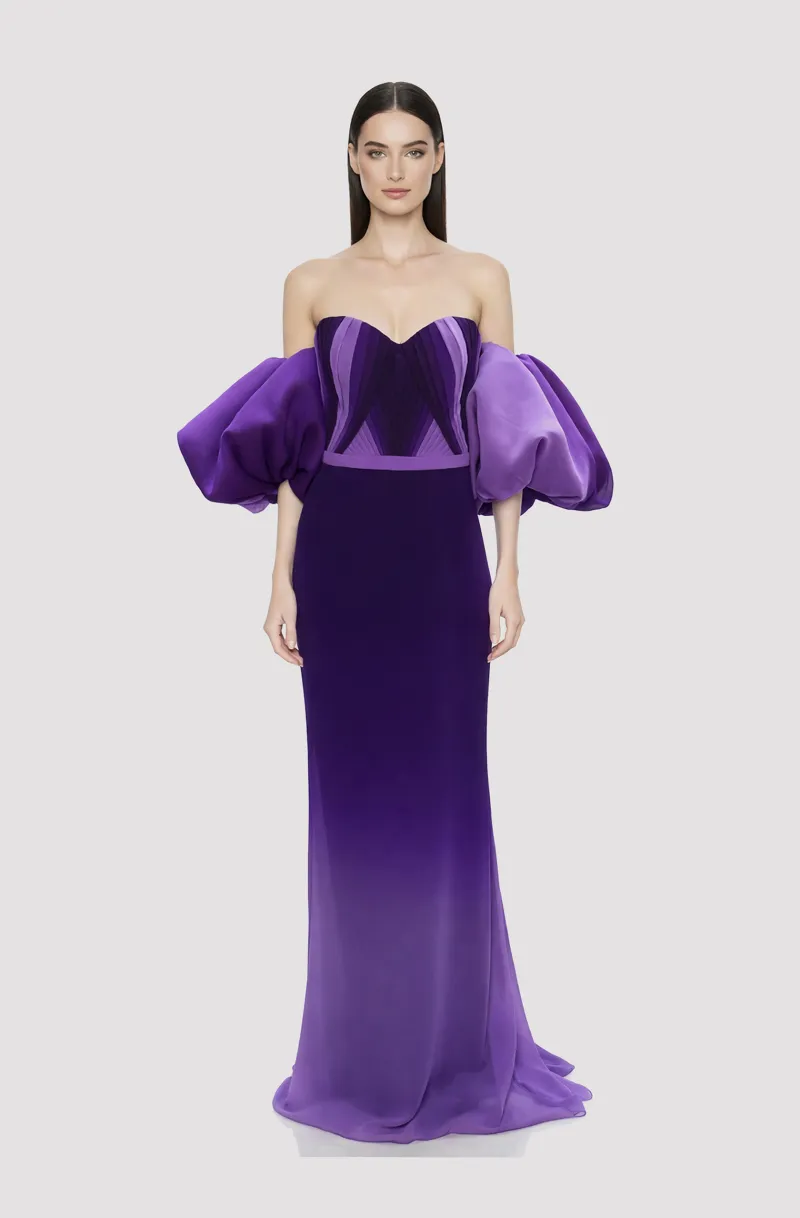Front view of a woman in a Purple ombre hand-draped georgette column gown with puff sleeves 27, image 1