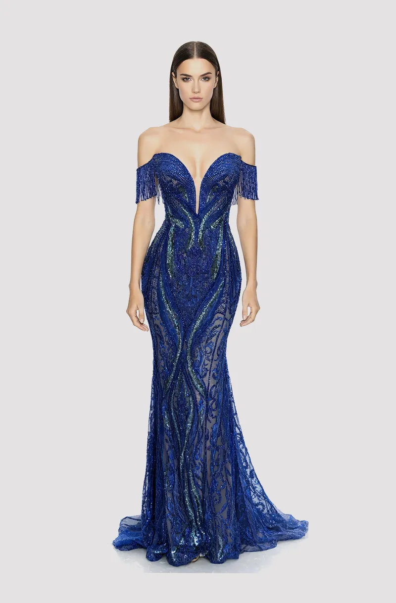 Front view of a woman in an Off-shoulder, hand-beaded royal blue mermaid see-through gown 31, image 1